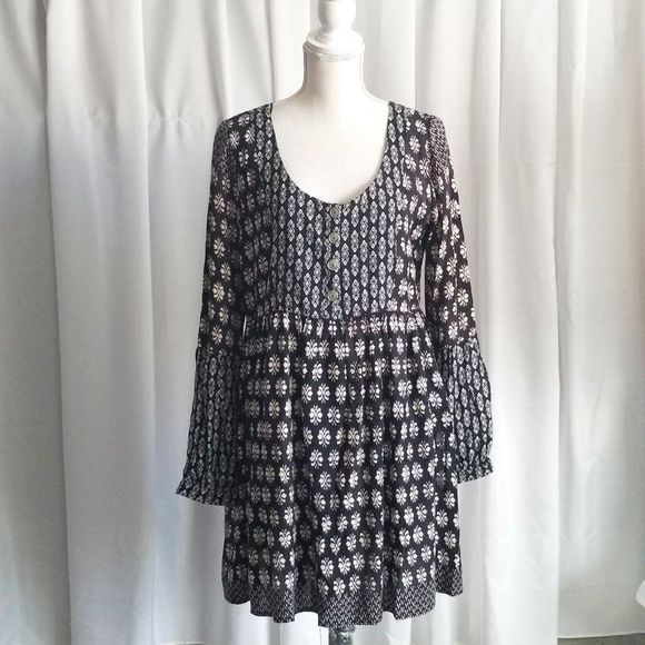Miami Boho Dress Black White Print Buttoned Bodice Long Sleeve Size Large - Picture 1 of 10